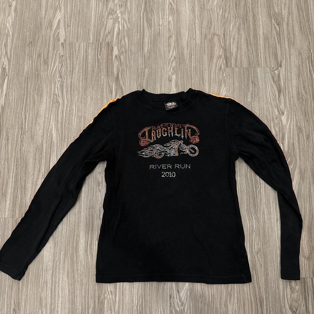 Black Vintage Long Sleeve Harley Davidson Inspired Bedazzled Gem Jewels
